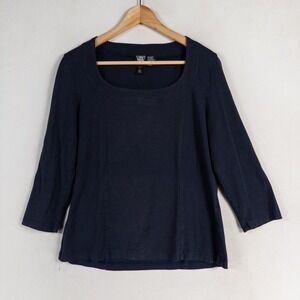 W Worth Top Shirt Womens Sz Large Navy Blue Square Neck 3/4 Sleeve Soft Stretch